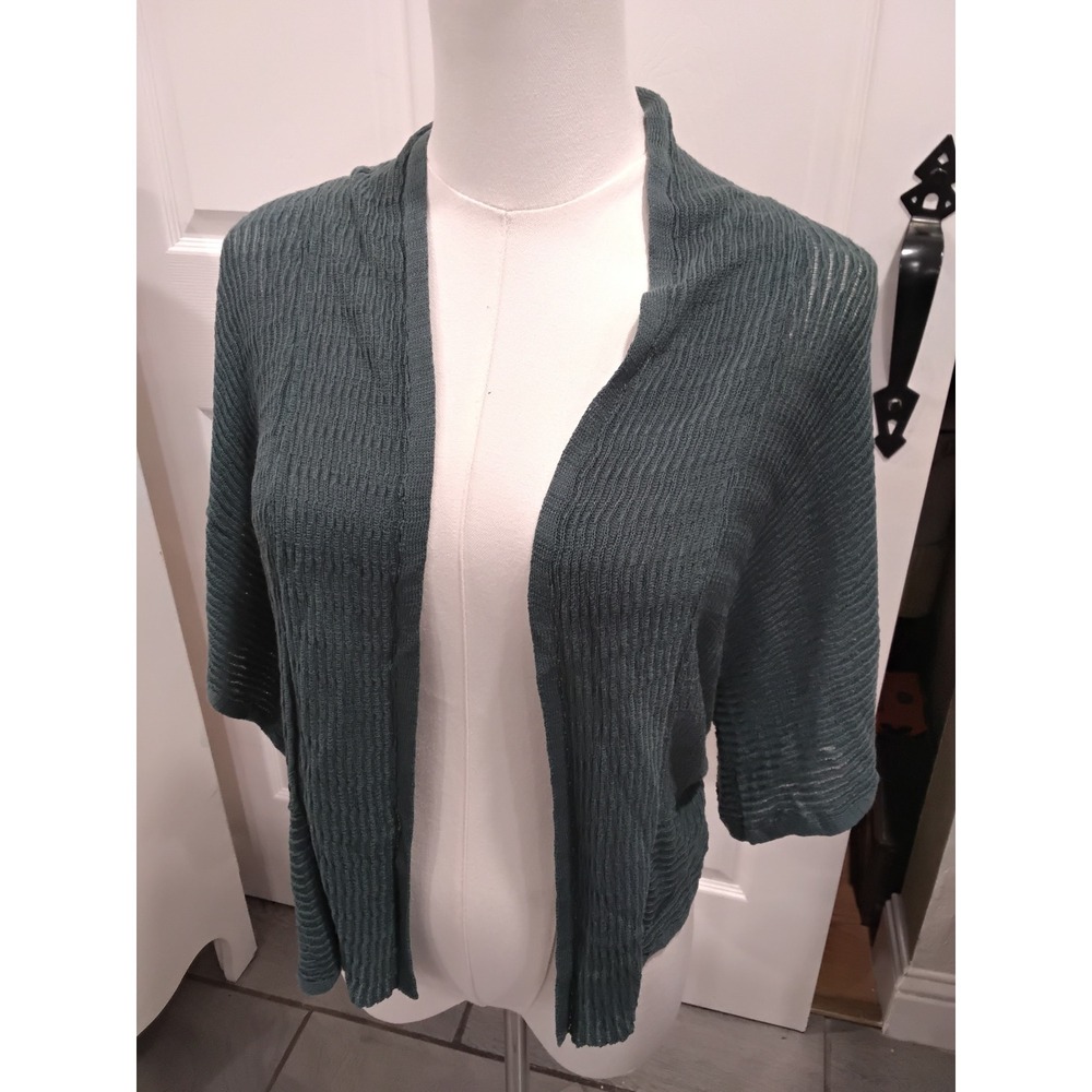 Eileen Fisher Teal Green Ribbed Knit Open Front Cardigan Tencel Short Sleeve L